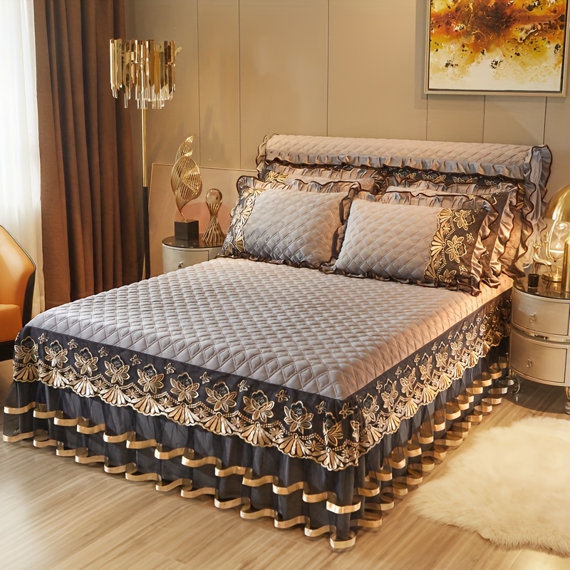 TEMU 3pcss High-end Sandwich Bed Skirt 3pcs Set Thickened Warm Short Plush Milk Velvet Bed Cover Non-slip Mattress Protector Bedding