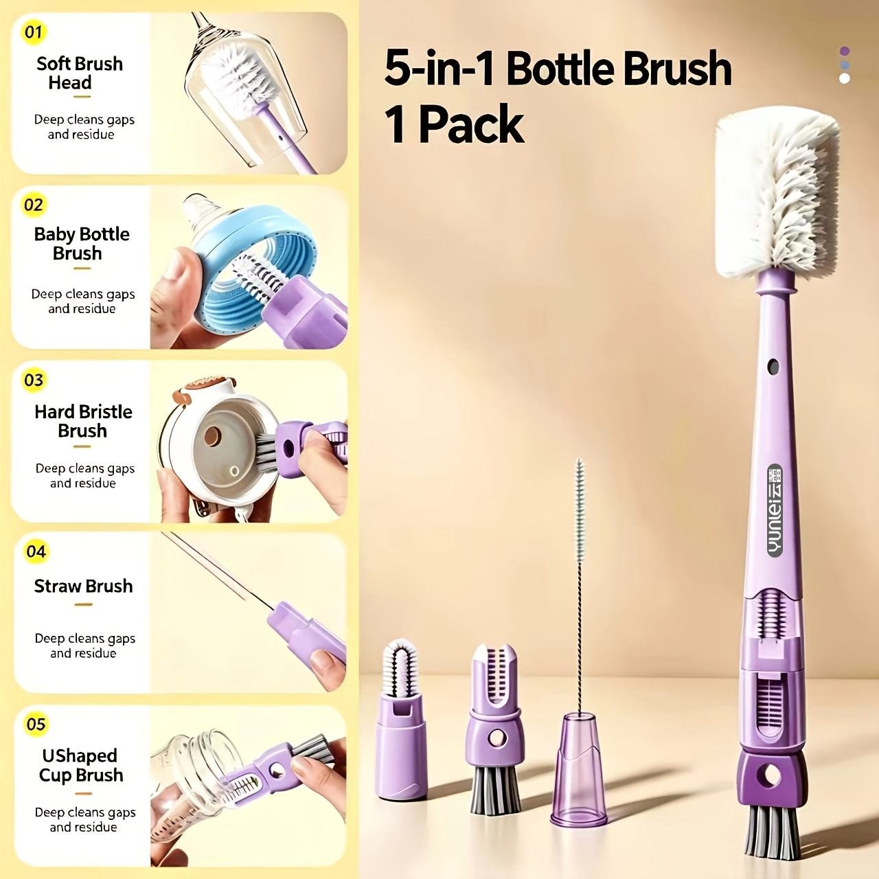 TEMU Yunlei 1/2pack Multifunctional Cup Brush Long Handle Cup Washing Tool, Lid Crevice Cleaning Brush, Straw Brush, Bottle, Glass Cup Corner-free
