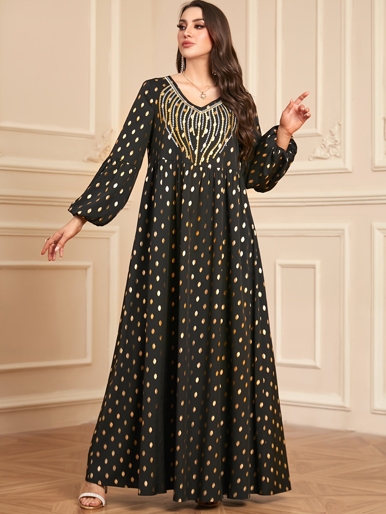 elegant black embroidered lantern sleeve dress golden polka - Temu Oman