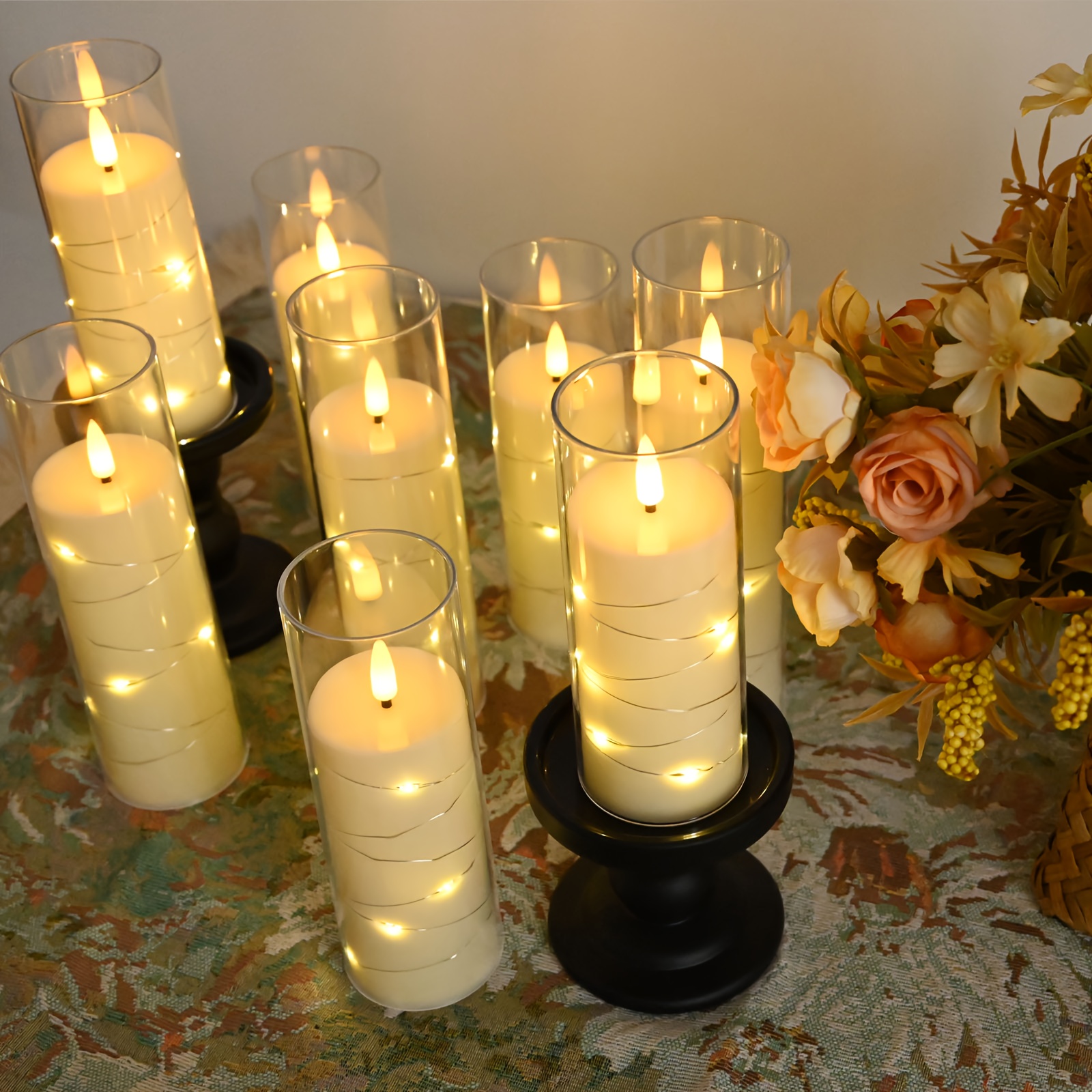 8 Stuks Flikkerende Vlamloze LED Kaarsen met Ingebouwde Feeënlichtsnoer,
