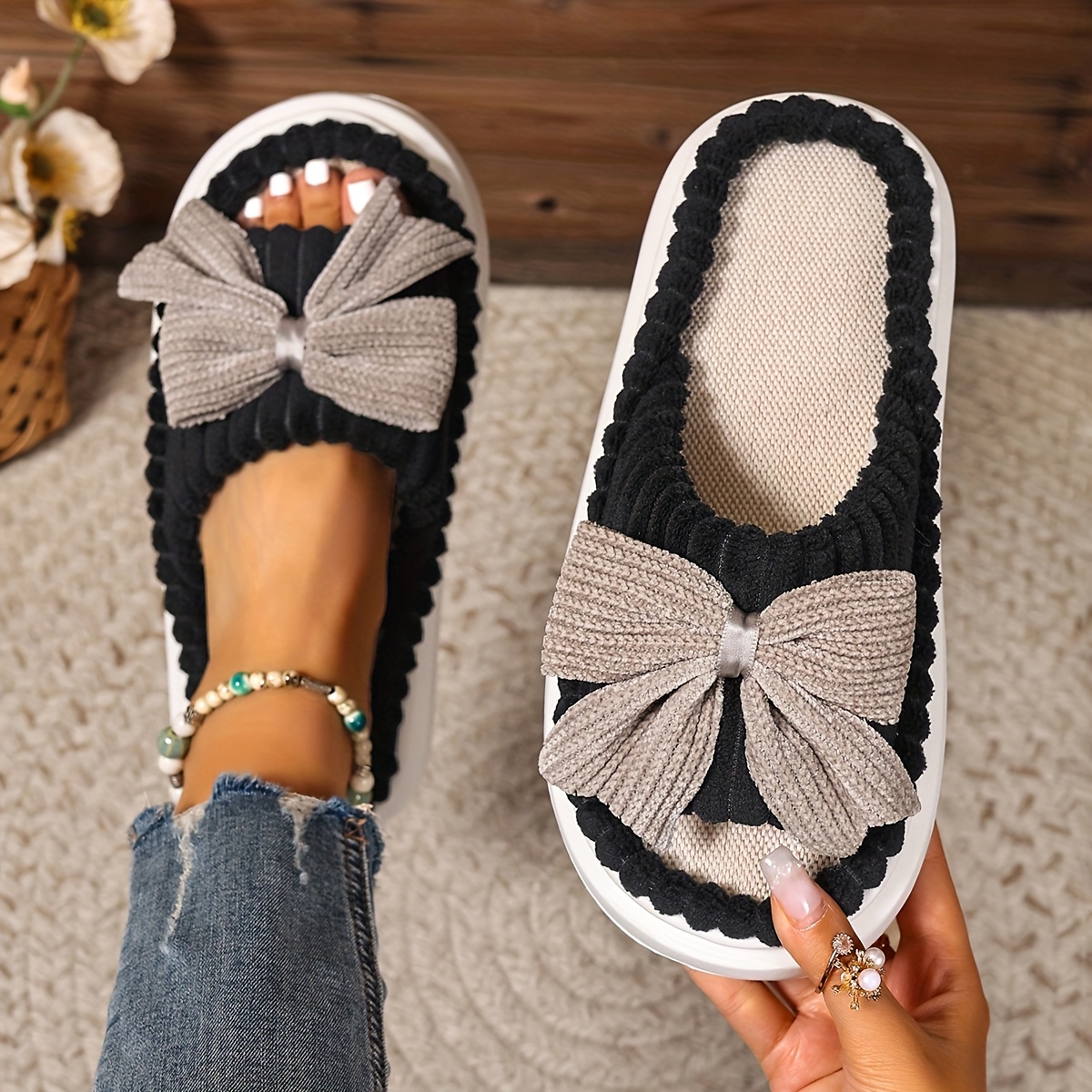 Image of Cute Bow, Sweet, Comfortable, And Lightweight Open-toe Indoor Slippers, Suitable For All , In Multiple Colors, Women Shoes