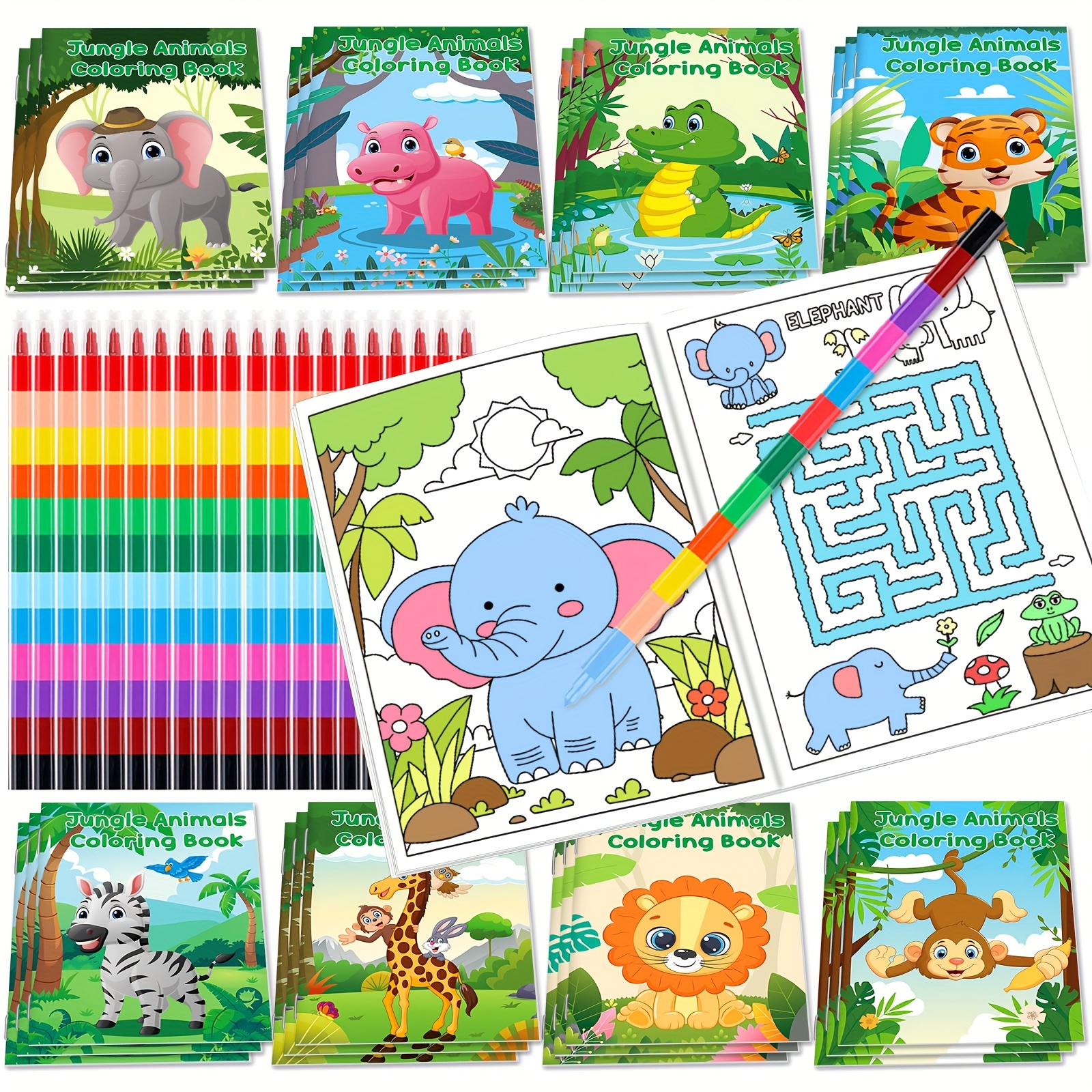 

24pcs Jungle Safari Animals Coloring Books For Kids With 24 Stacking Crayons Mini Coloring Book Party Favors Bulk Gifts Small Activity Books For Birthday Party Goodie Bags Stuffer Classroom