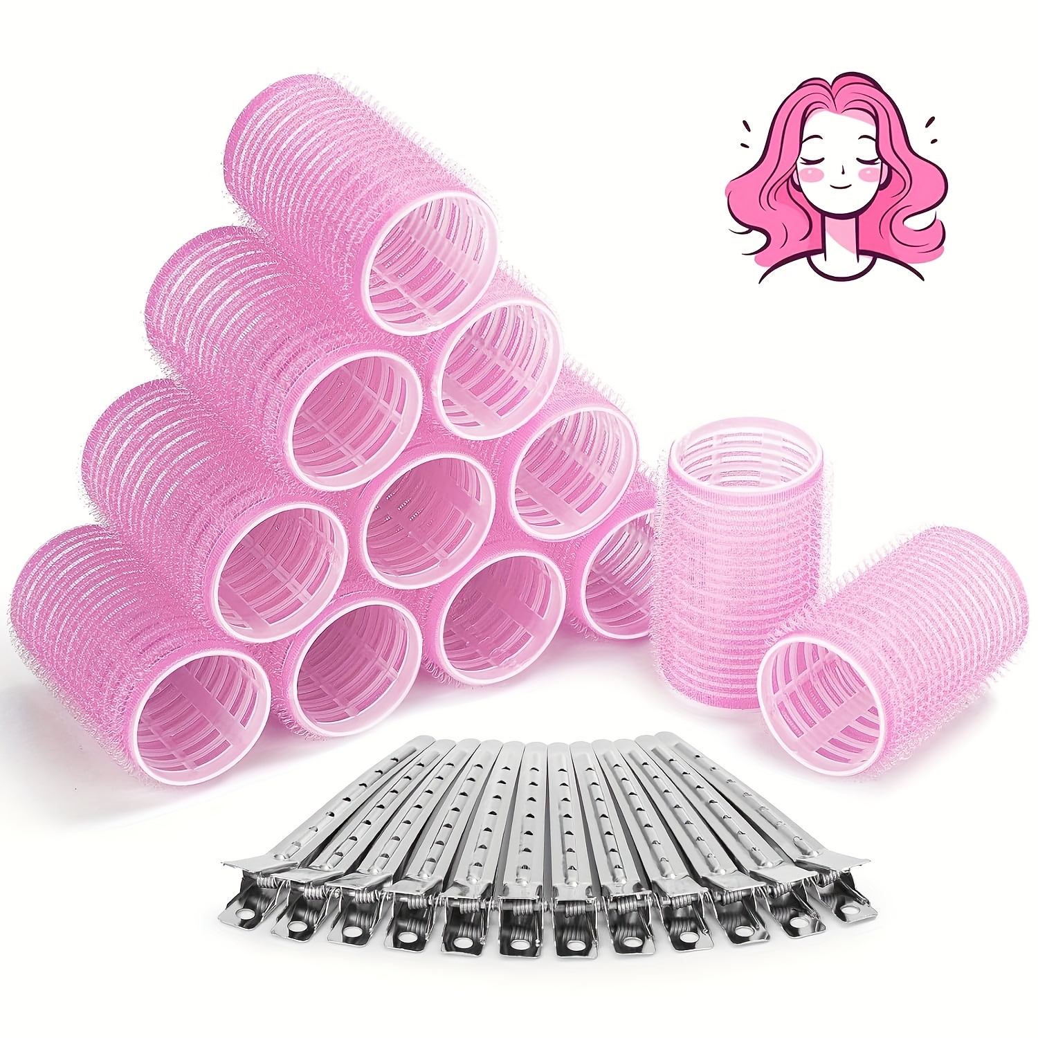 E-shop 12 Stück Selbsthaftende Haarlockenwickler mit Metallklammern - Rosa Kunststoff Hitzebeständige Lockenwickler für Alle Haartypen