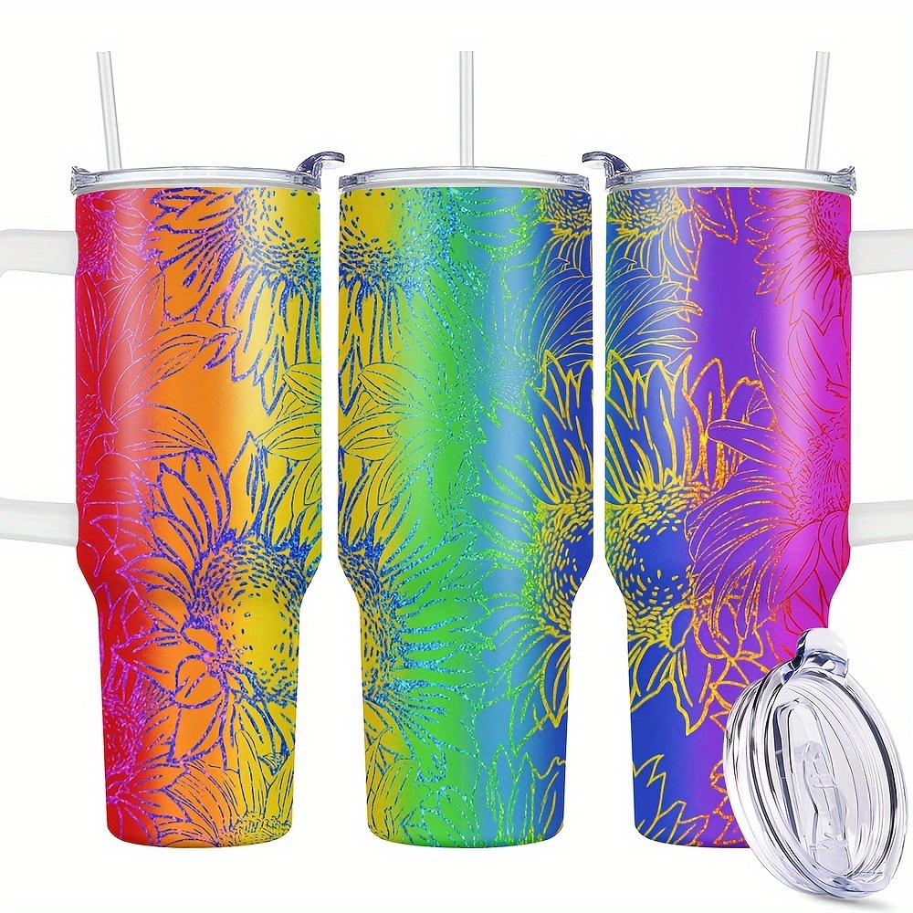 

1pc, 40oz Tumbler With Lid, Sunflower Rainbow Colorful Stainless Steel Water Bottle, Vacuum Insulated Water Cups, Summer Winter Drinkware, Outdoor Travel Accessories, Birthday Gift