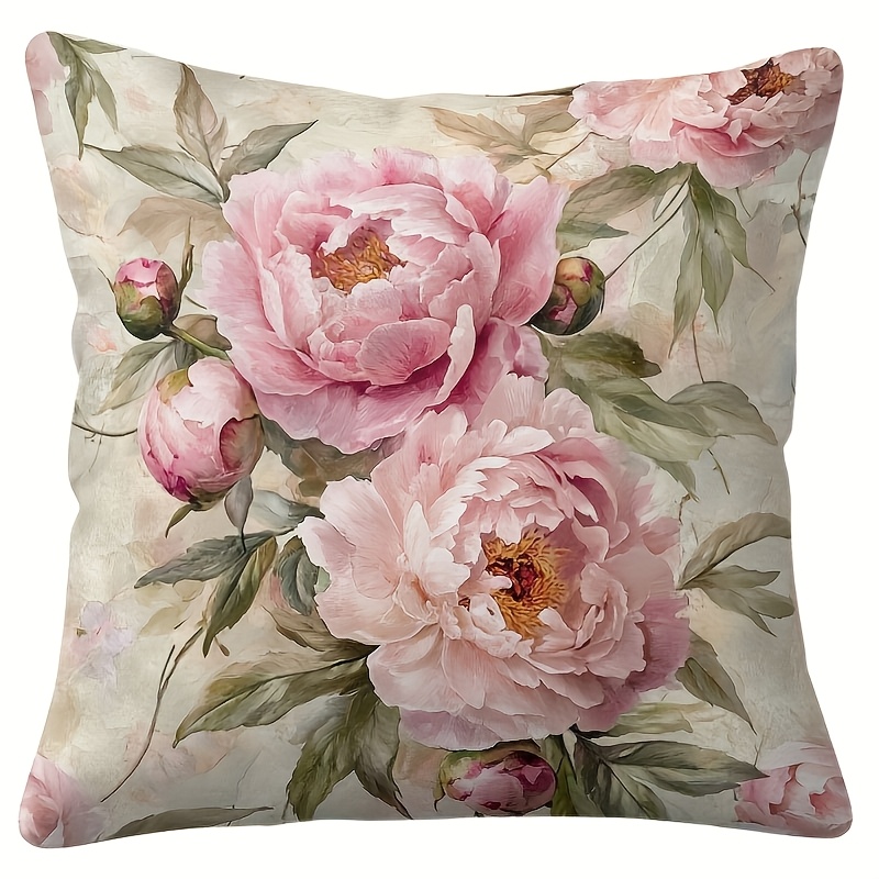 E-shop 2er-Set dekorative Kissenbezüge mit rosa Pfingstrose grünen Blättern auf weißem Hintergrund, 18x18 Zoll, einseitiger Druck, Reißverschluss,