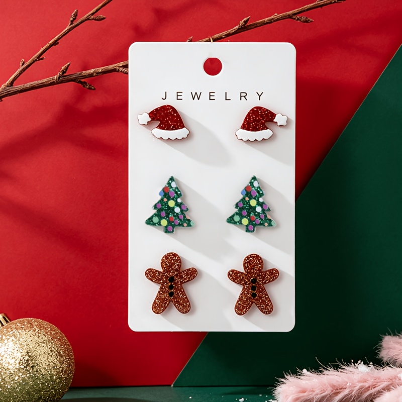 TEMU 3 Pairs Christmas Cartoon Gingerbread For Man Santa Hat Stud Earrings, Acrylic Color-printed Christmas Party Colorful Polka Dot Green Glitter