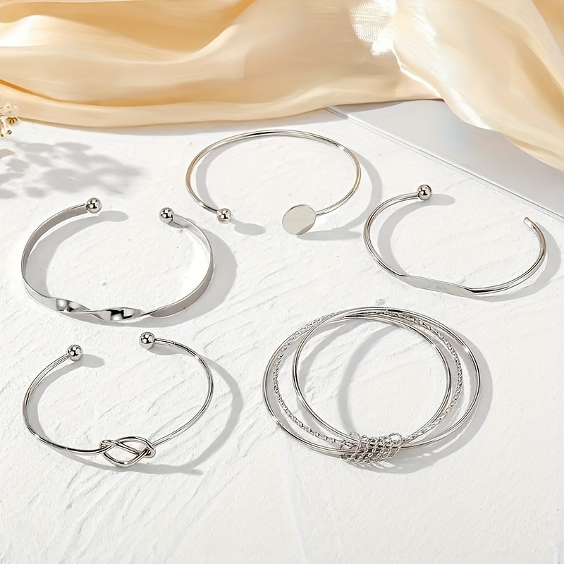TEMU 5 Pieces/set Creative Silvery Chic Opening Adjustable Women's Bracelet Fashionable Exquisite Knotted Design Timeless Jewelry Gift Set