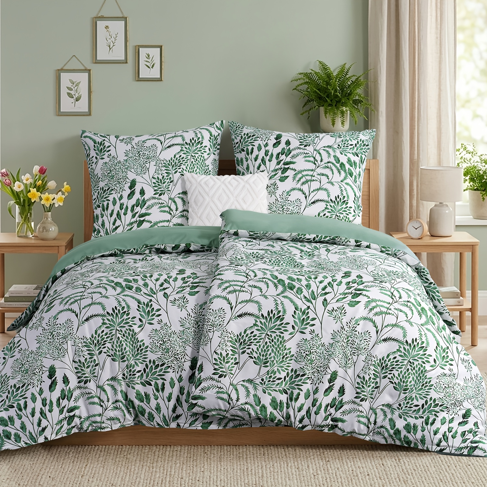 Bedding 135x200 Cm, 4pcs, Duvet Cover - Bedding 135 X 200 Cm, Plant Pattern, With 2 Pillowcases 80x80 Cm, 2pcs Duvet Cover With Zipper, Iron-free And Soft