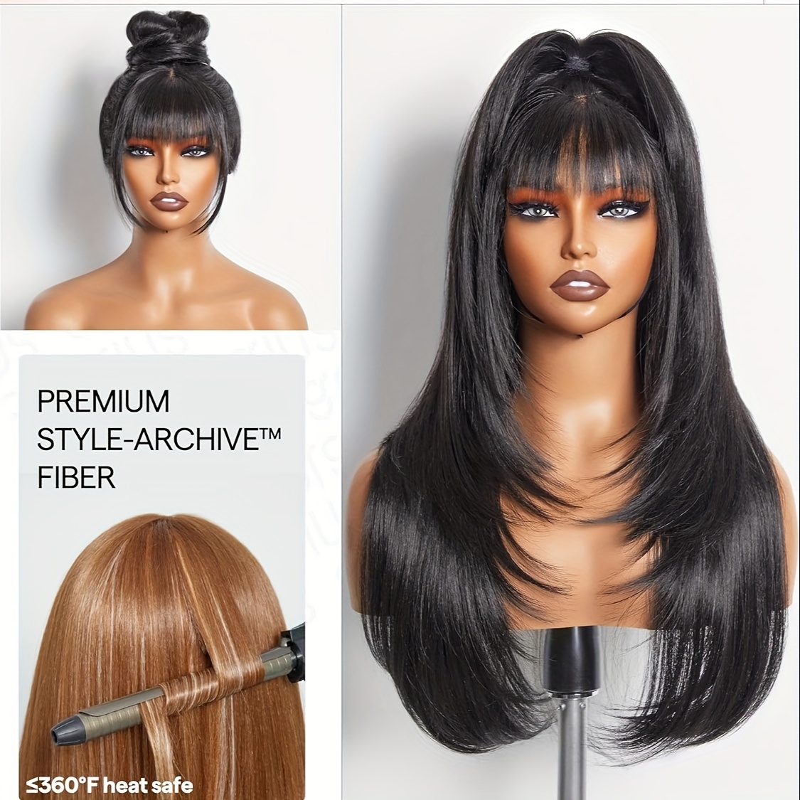 Synthetic Straight Wig with Bangs Layered Glueless True Scalp 26inch glueless black wig bangs long straight layered - Temu main image 4