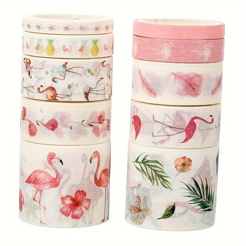 

10-piece Flamingo Pattern Decorative Tape Set For Crafting & Scrapbooking - Vibrant Paper Craft Supplies