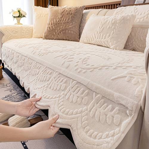 1pc thick faux rabbit winter warm sofa cover elegant beige with floral leaf patterns pet friendly non slip machine washable couch protector for 4 seater sofas ideal for living room bedroom office decor sofa covers for living room