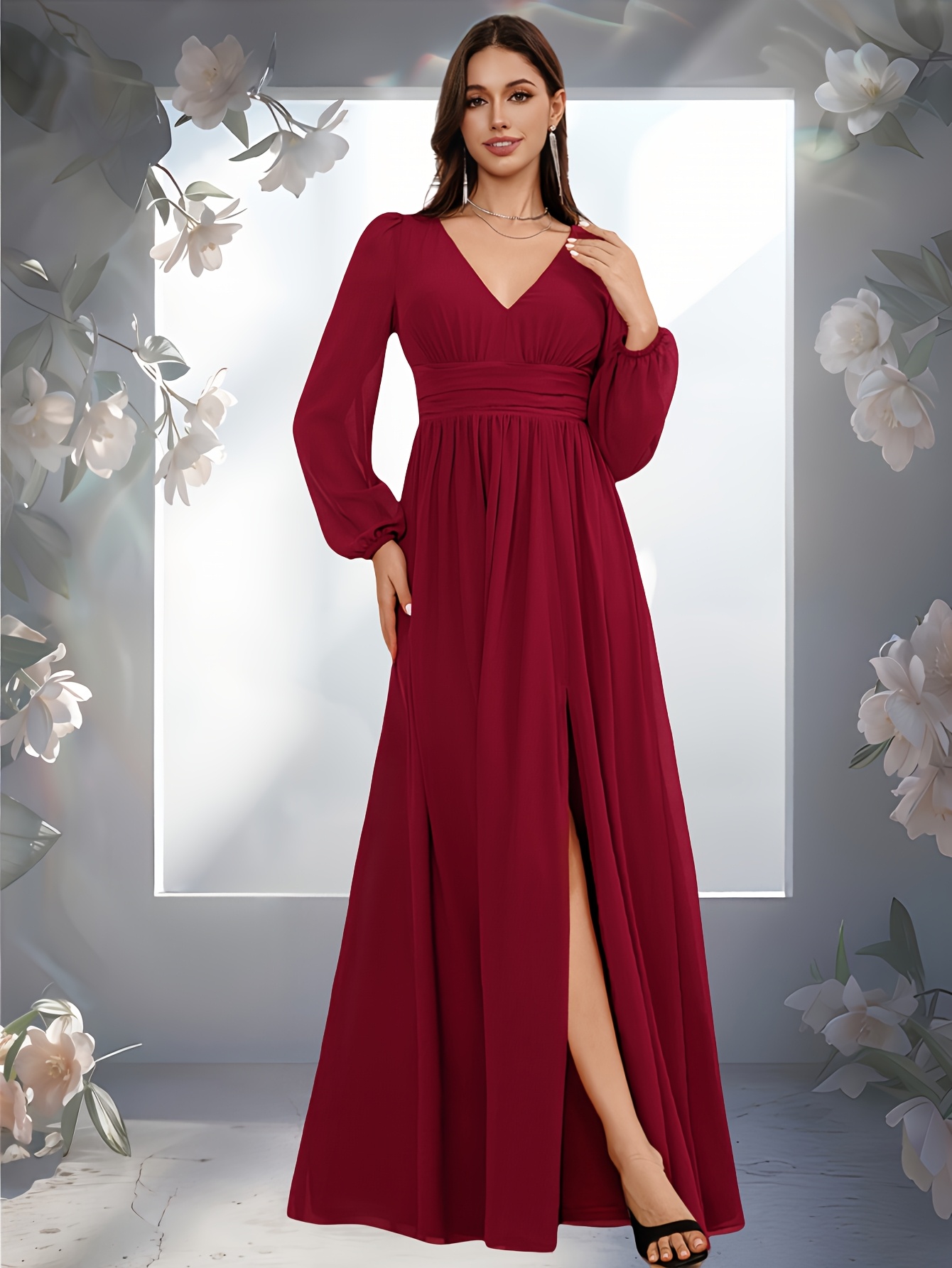 blue dress for baby girl Burgundy Cold Shoulder Chiffon Slit Floor Length Bridesmaid Gown main image 1