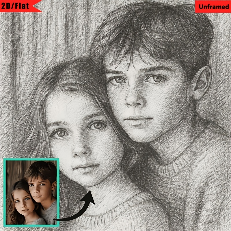 TEMU 2d Flat, 2d Flat, 2d/flat, 1pc, Unframed, Custom Portrait From Photo, Personalized Charcoal Drawing From Pictures, Custom Photo To Sketch Art