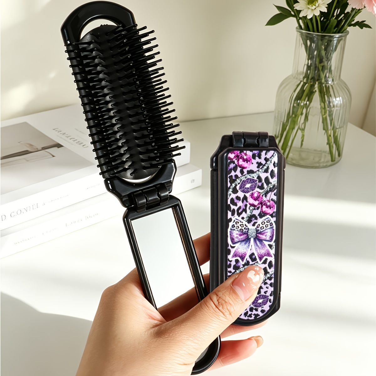 TEMU 1pc Foldable Comb With Leopard Print, Bow, And Heart Element Pattern, Portable Travel Comb, Pocket Comb, Bag Comb, Women's Hair Styling Comb,