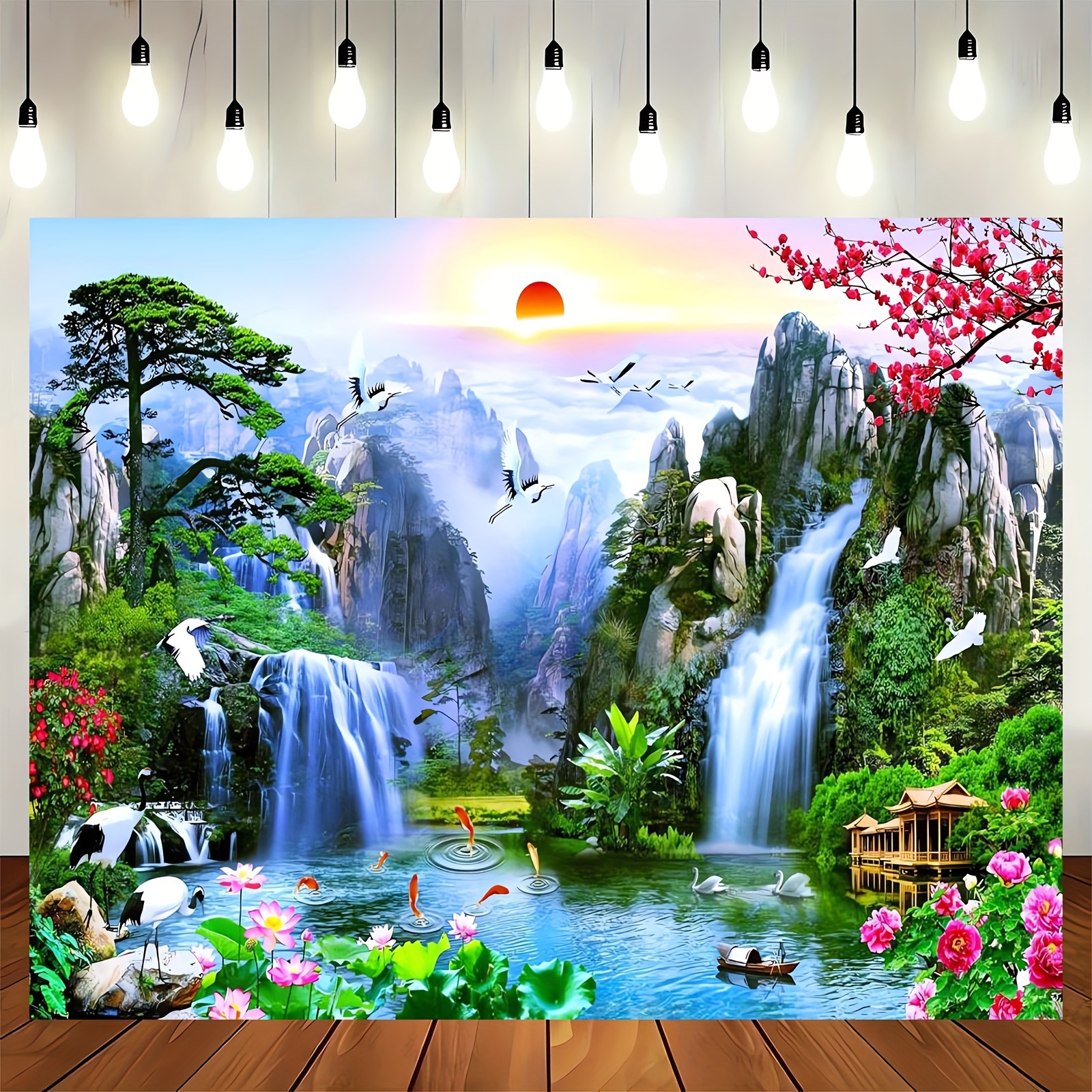 

1pc, 51×59inch/70.8×90.5inch, Fabric Fairyland Mountain Lake Photography Backdrop Waterfalls Fish Flowers Dreamy Natural Landscape Painting Background Wall Murals Home Decor Adults Portrait Photoshoot