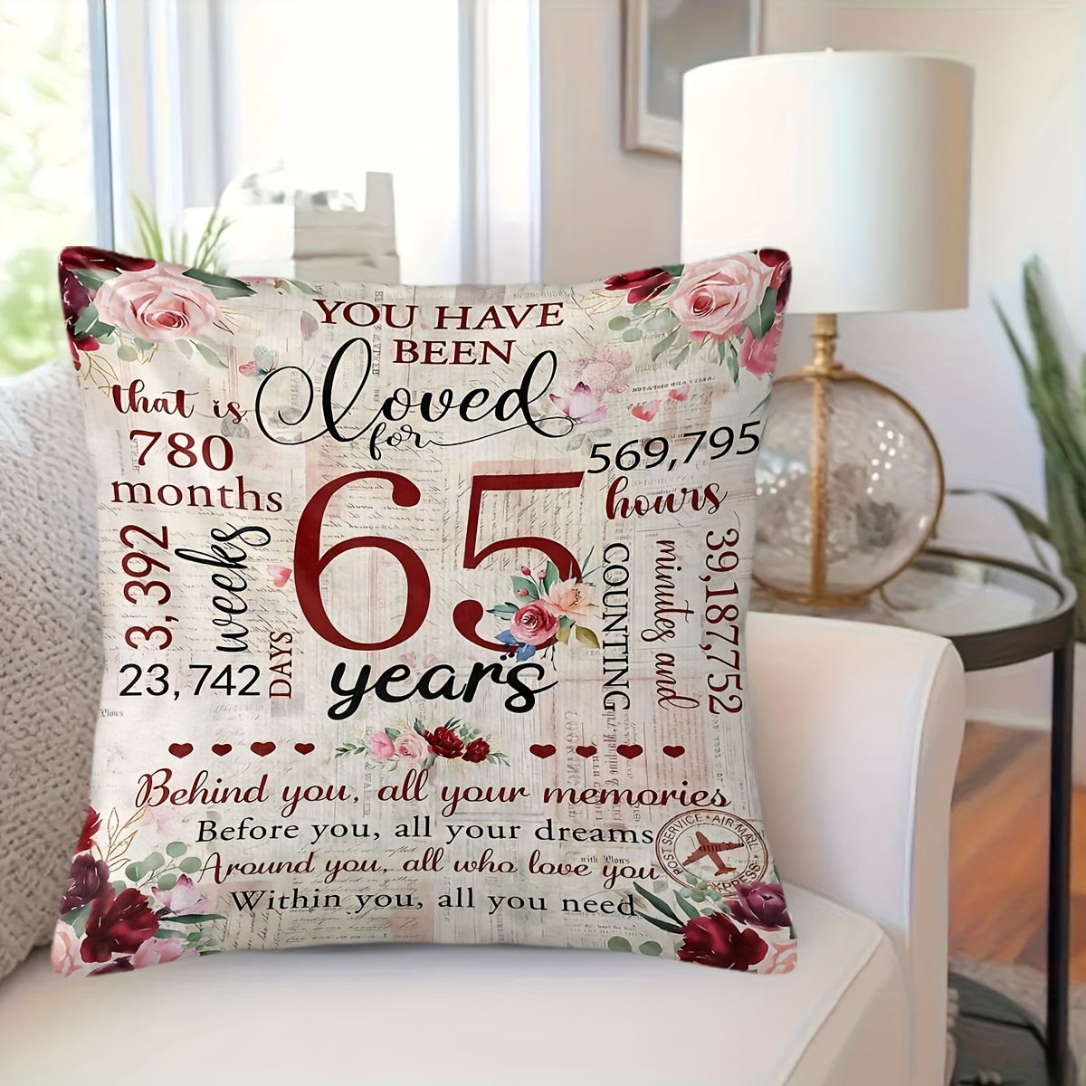 TEMU 1pc 65th Anniversary Rose Bouquet Print Pillow Cover - Traditional With Time Milestones & Messages, Soft Plush Decorative Pillow Case For Living