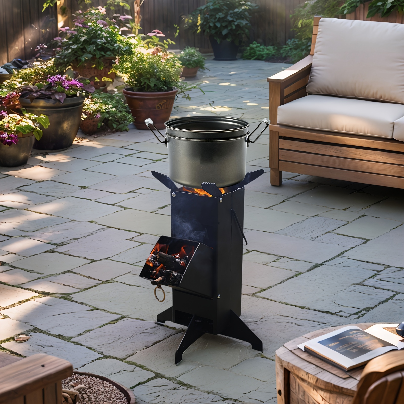 TEMU Rocket Stove With Detachable Design, Heavy-duty Wood Burning Stove For Outdoor Cooking, Heating & Bbq, Ideal For Backyard Camping And Patio Use,
