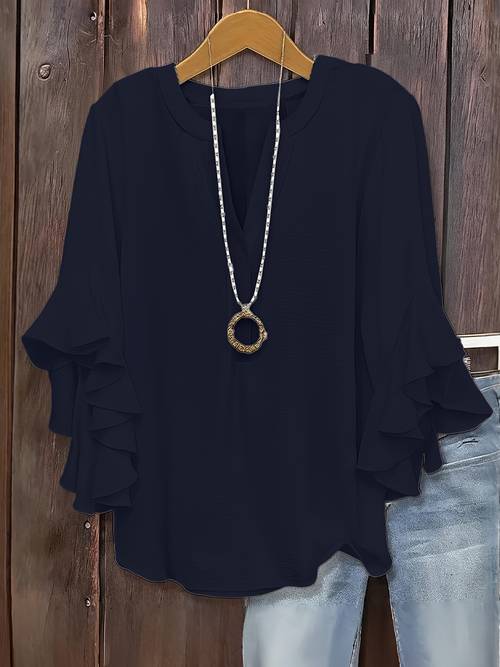 plus size womens plus size elegant v neck ruffle three quarter sleeve top soft and lightweight fabric