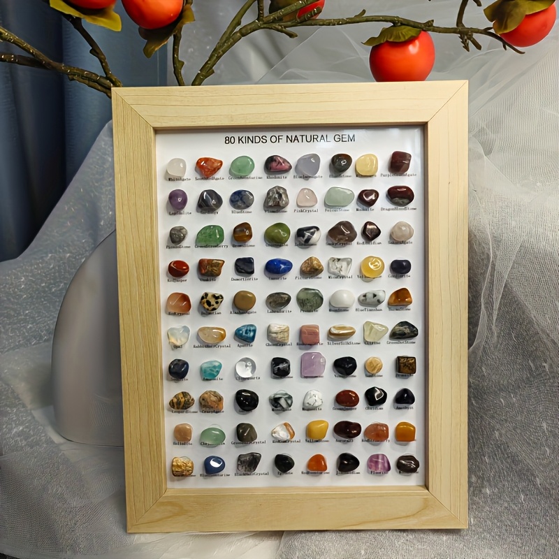 

80pcs Chic Natural - Vibrant Crystal & Agate Pack With Wooden Frame, Ideal For Home Decor & Gifting