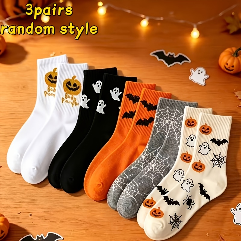 TEMU 3-pair Pack (for ) Unisex Suitable For Genders Halloween Socks - Random Assorted Spooky Patterns (pumpkin,, Bat, Spider) Ankle Sock Booty For