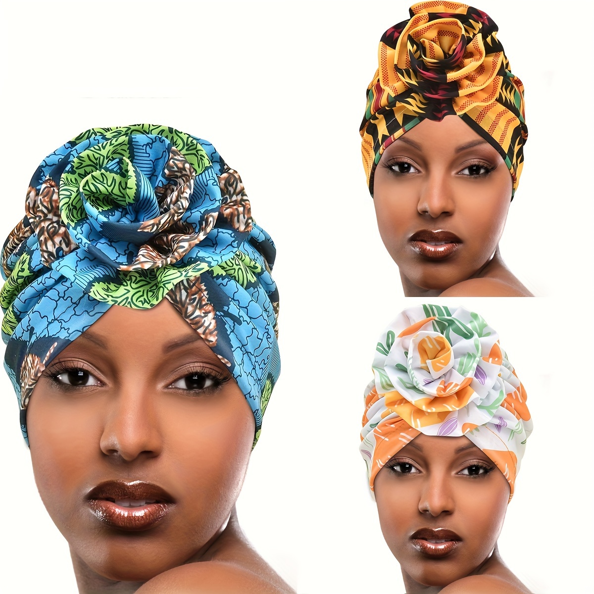 

3pcs Pre Tied Flower Turban Hats Colorful Print Chemo Hats Stylish Pleated Chemo Hats For Women