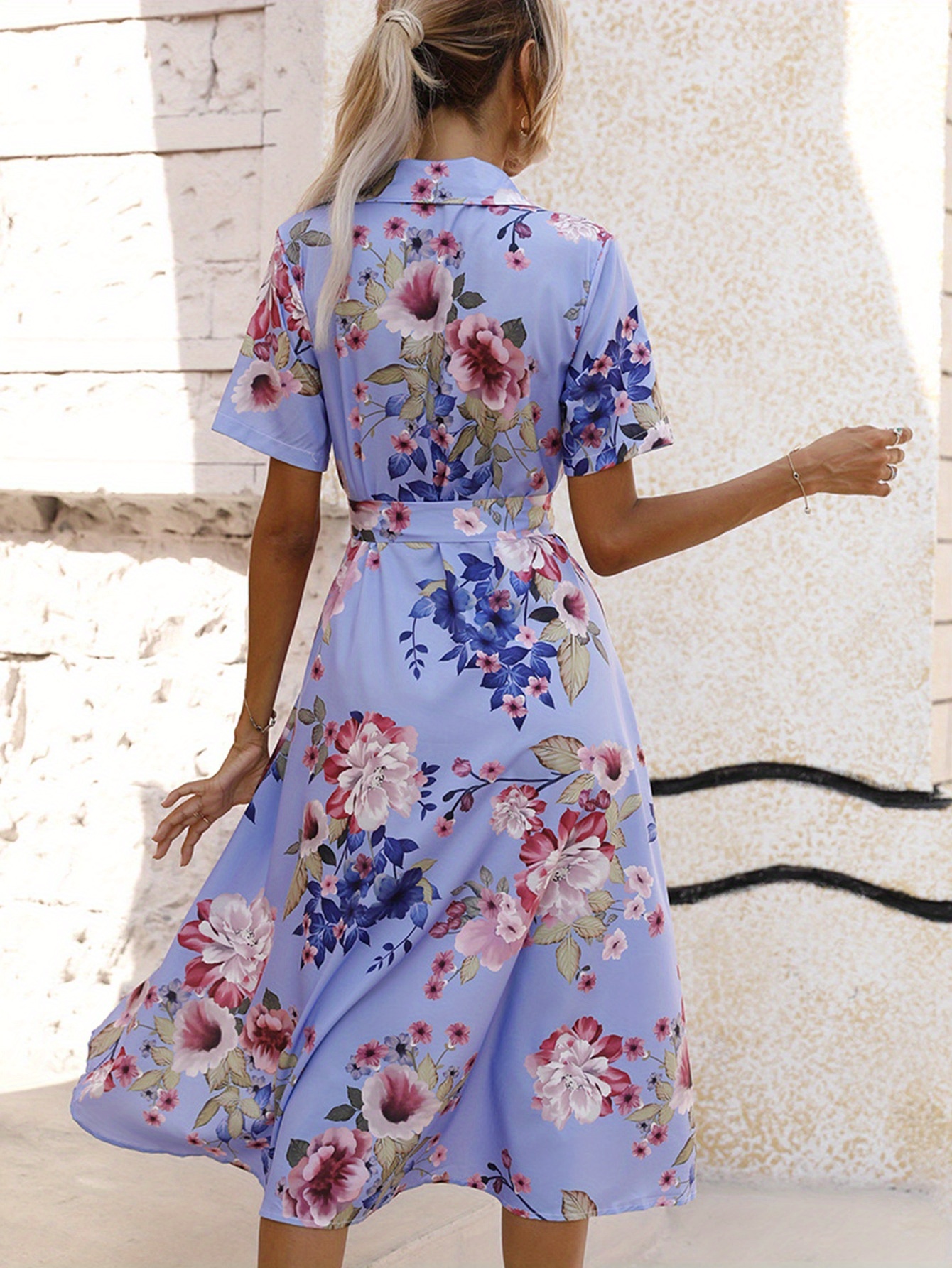 womens floral print short sleeve dress with lapel collar tie waist   length a line skirt side   light blue floral   for spring summer casual wear floral dress spring fashion nontransparent fabric Product details 4