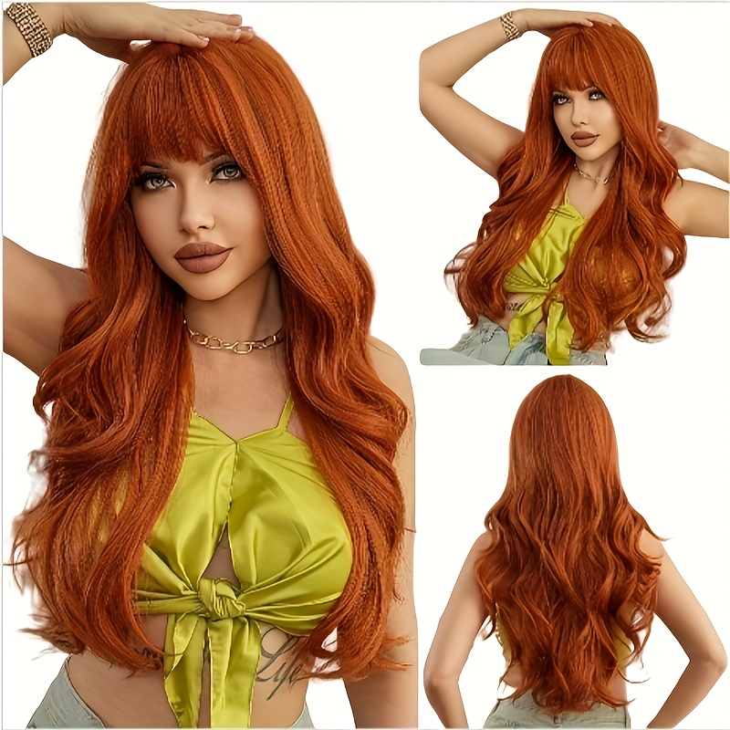 

Woven Wigs Women's Long Curly Wave Wig With Bangs, High Temperature Fiber, Vacation Style, 200% Density, Rose Net Cap, All-purpose Use