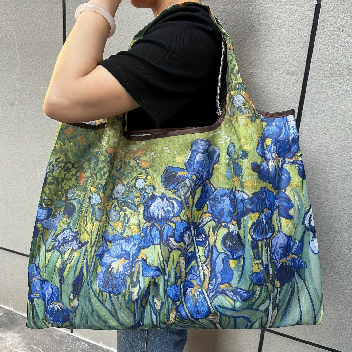 Image of Large Capacity Portable Oil Painting Iris Flower Shopping Bag, Lightweight And Foldable, Oil Painting Style Tote Bag For Shoulder Or Hand Carry