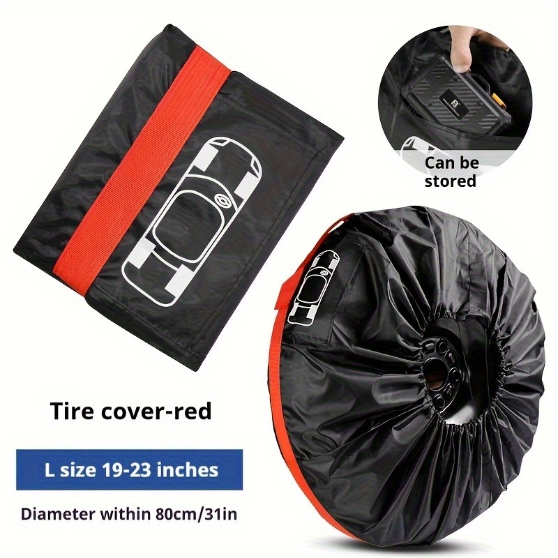 TEMU 1pc Car Tire Protective Cover - Durable Polyester Spare Tire Storage Bag With Red Strap, Snow Tire Cover For Winter, Use, Winter Tire