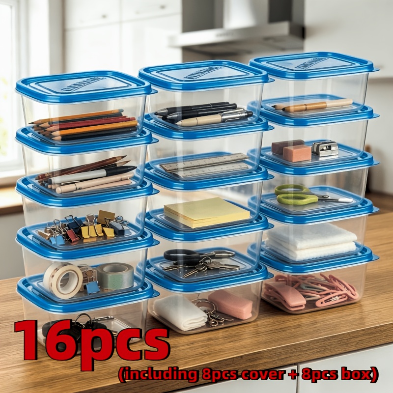 TEMU 16 Stück Wiederverwendbare Aufbewahrungsboxen mit großer Kapazität in Blau (Inklusive 8 Deckeln und 8 Boxen), Transparente PP-Aufbewahrungsboxen
