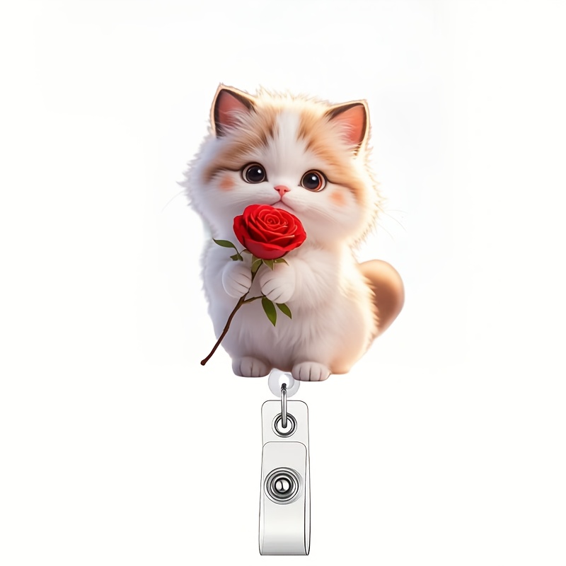 

1pc Cute Cat With Rose Retractable Badge Reel Holder, Acrylic () Id Clip For Nurses, Nursing Name Tag, Medical Students, Doctors, Nurse, Practicing Nurse - Badge Card Holder With Clip For Work Use