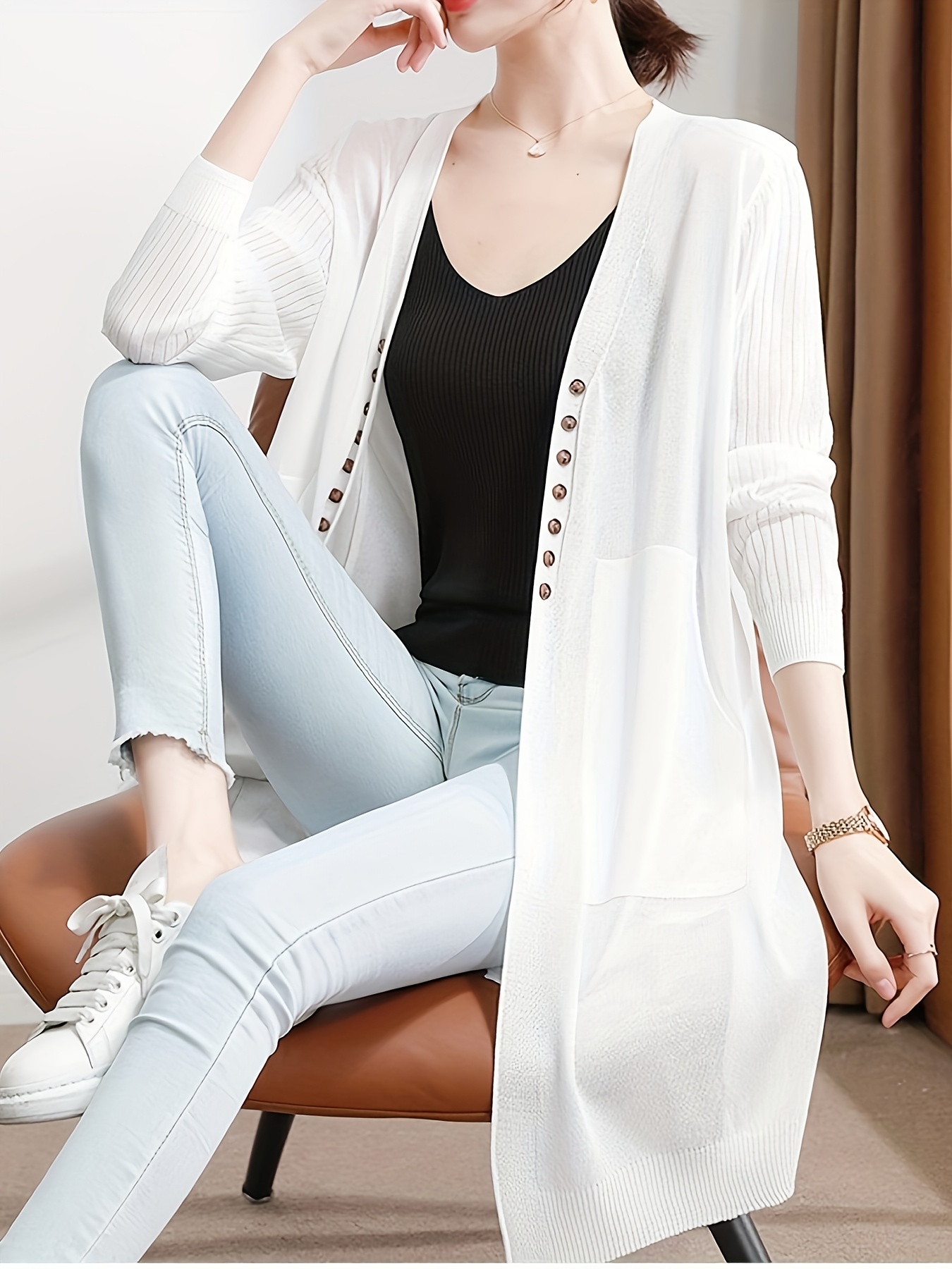 womens lightweight v neck cardigan front button closure long
