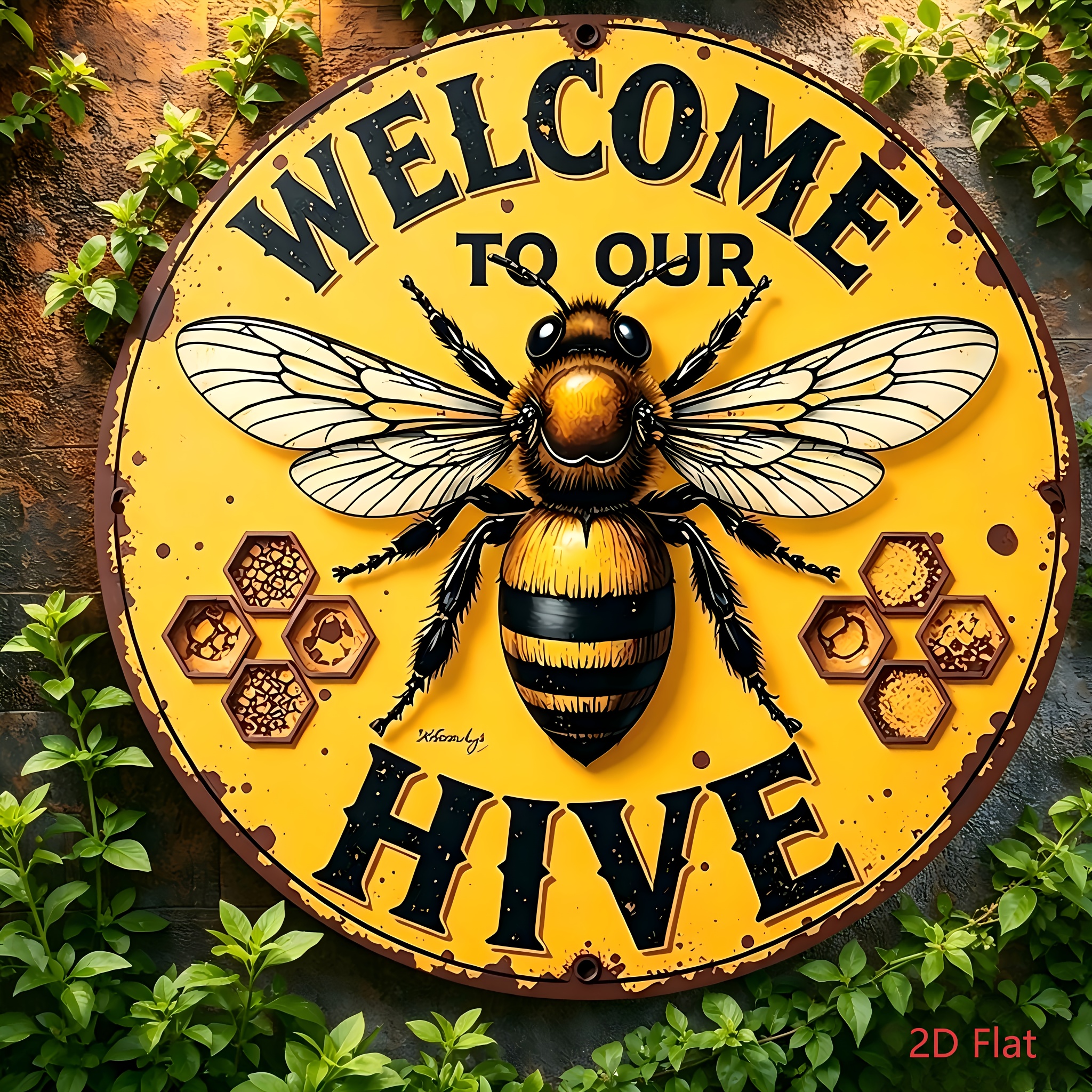 TEMU Décoration murale 2D plate, style vintage " dans notre " en métal - Panneau rond en aluminium de 7,8 pouces avec motif d'abeille et de , fond
