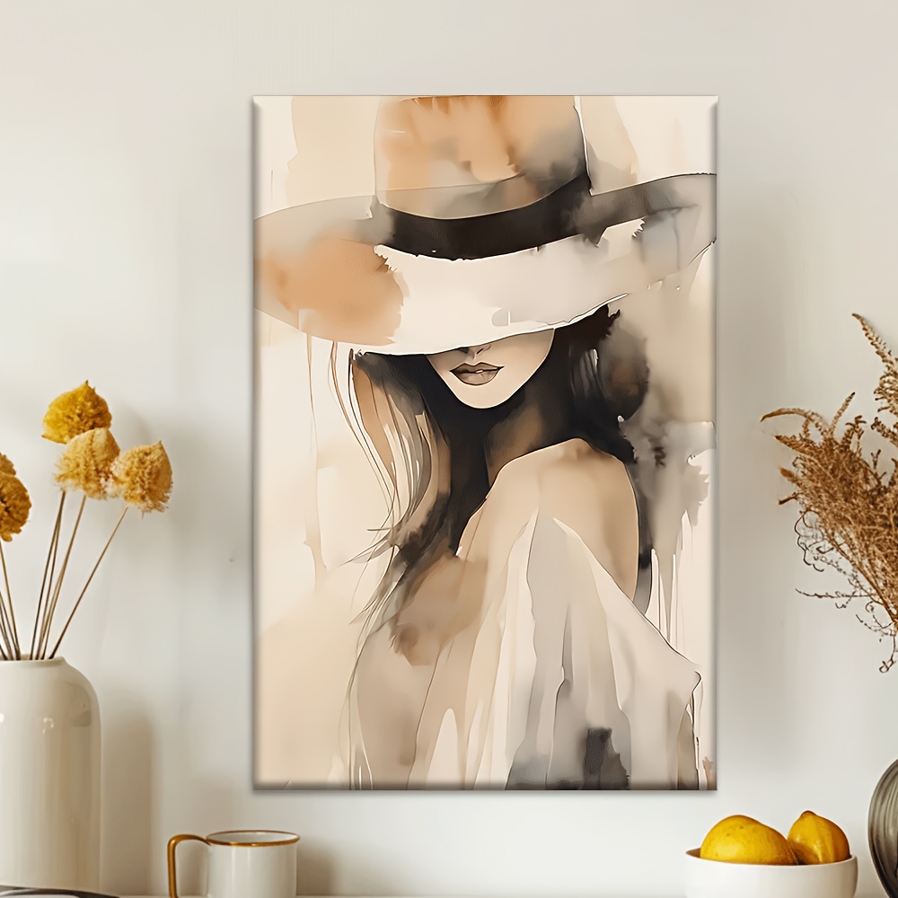 E-shop Elegante Dame Abstrakte Leinwandmalerei - Ungerahmt, Aquarell-inspirierte Wandkunst mit Sanften, Gedämpften Farbtönen, Ideal für Wohnzimmer,