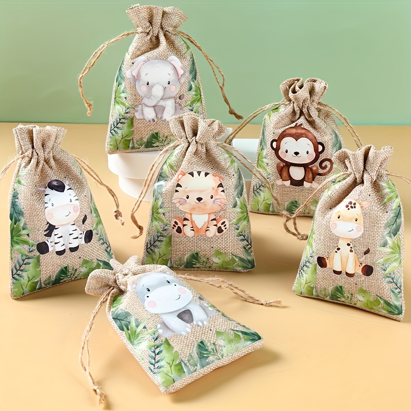 

6pcs/set Jungle Animals Linen Gifts Bag Safari Birthday Party Decoration Bag For Guests 1st Birthday Party Decor Green Forest Wild 1 Supplies Drawstring Packing Bags