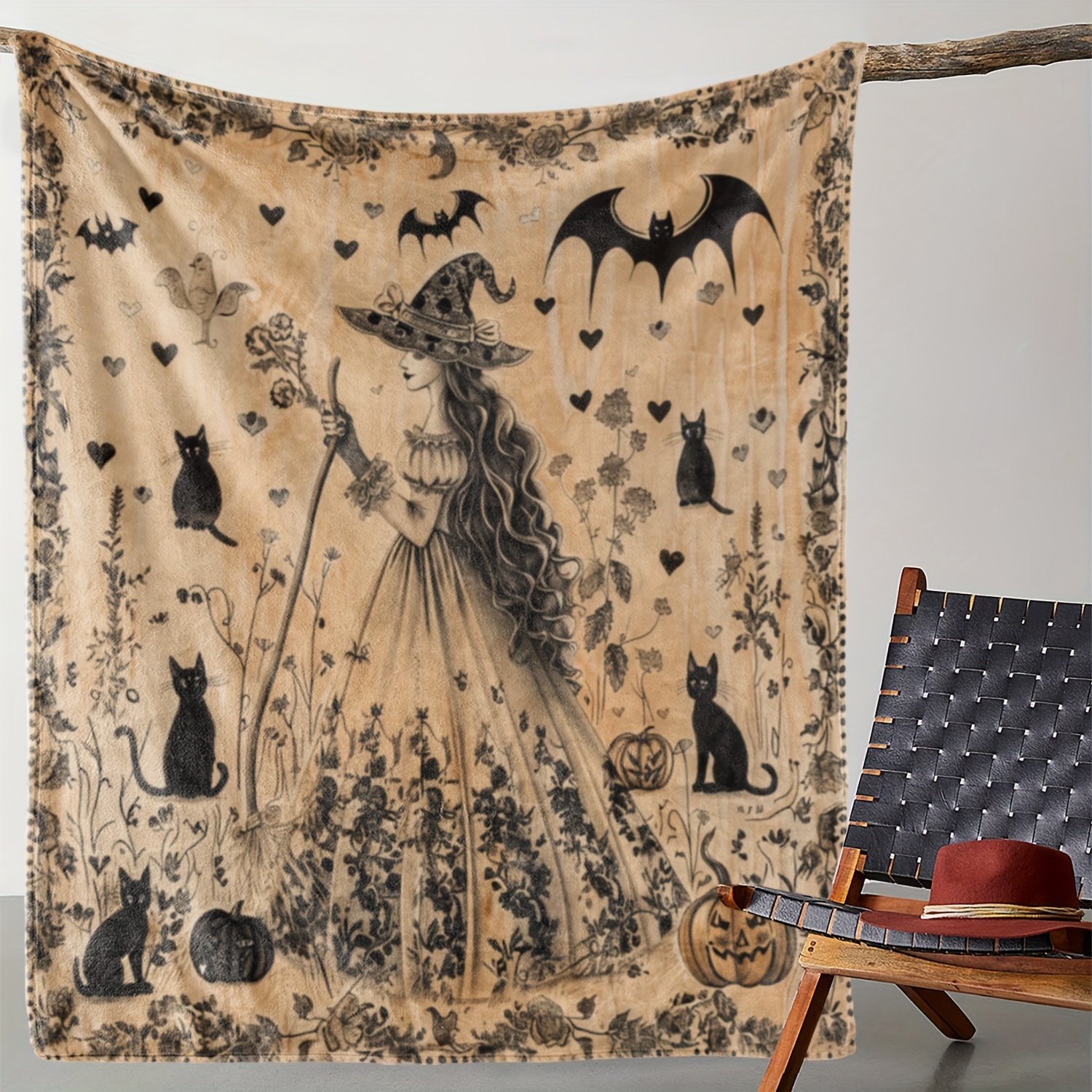 

Vintage Witch And Throw Blanket – Cozy, Soft Flannel All-season Knitted Blanket With Bat Motifs For Couch, Bed, Office, Camping – Digital Print Polyester Fleece, Versatile Gift For All Occasions