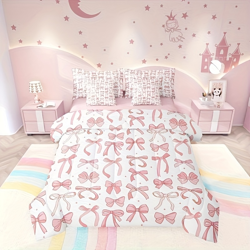 7pcs Pink Bow Comforter Set Bow Girly Bedding Set Fairy Tale Romantic  Starry Pink White Bed Set(Comforter+Fitted+Flat S