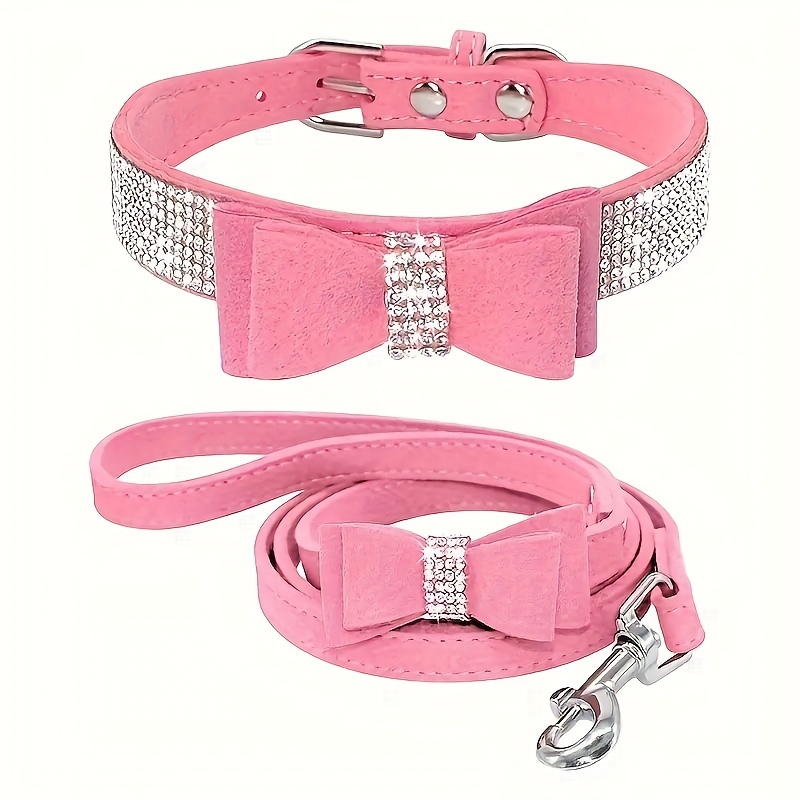 

Rhinestone Studded Dog Collar And Leash Set, Polyester Fiber Pet Accessories, Uncharged Bowknot Design For Small To Medium Dogs