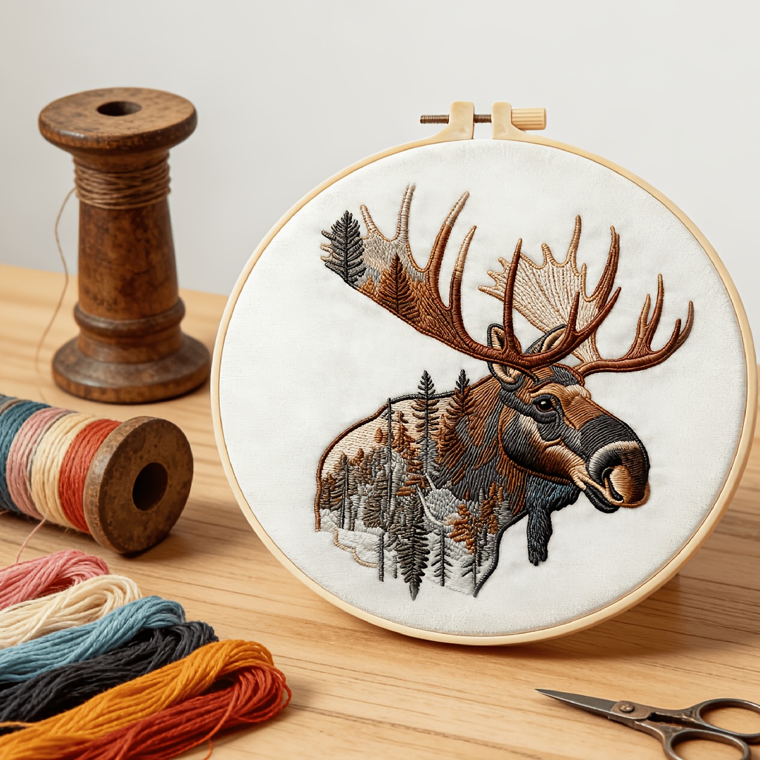 TEMU Adult Beginner Embroidery Kit, Reindeer Forest Pattern Hand Embroidery Starter Kit. The Embroidery Kit Includes An Embroidery Canvas With