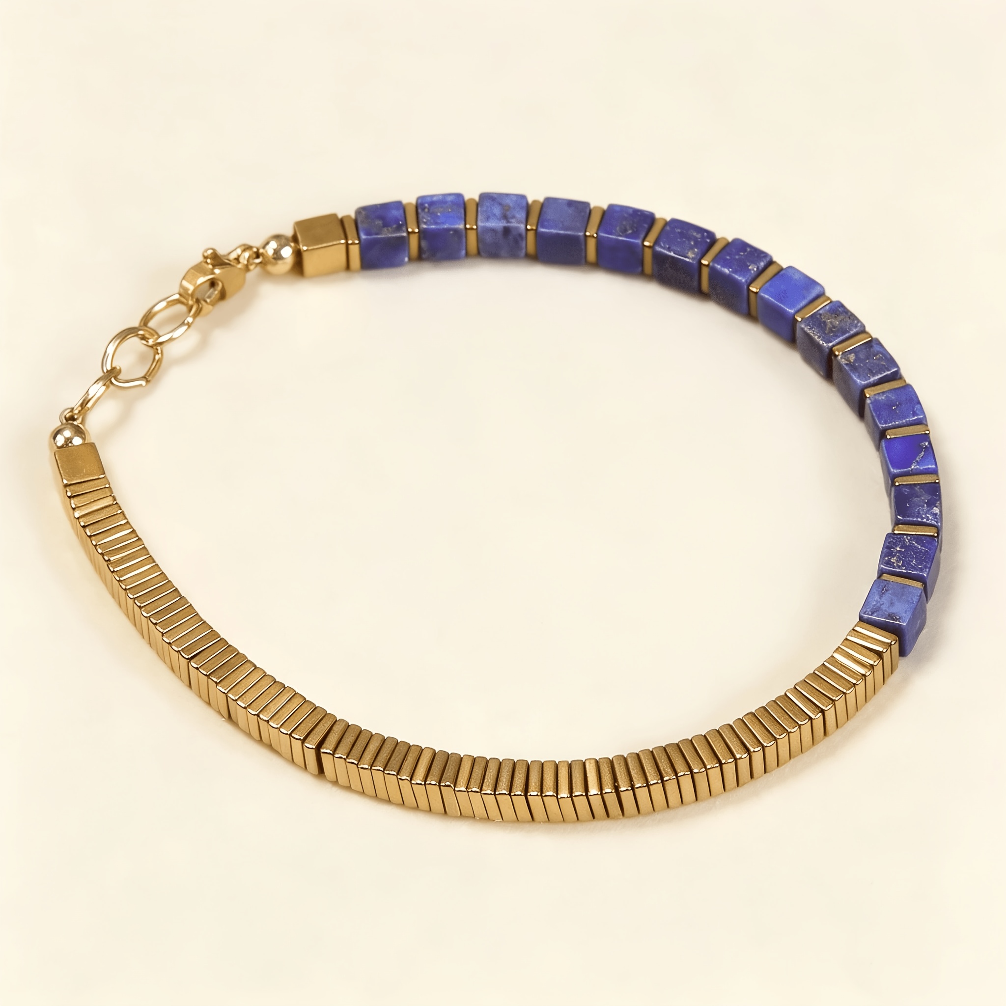 Lapis Lazuli Cube Bead & Hematite Spacers Golden Stackable Bracelet