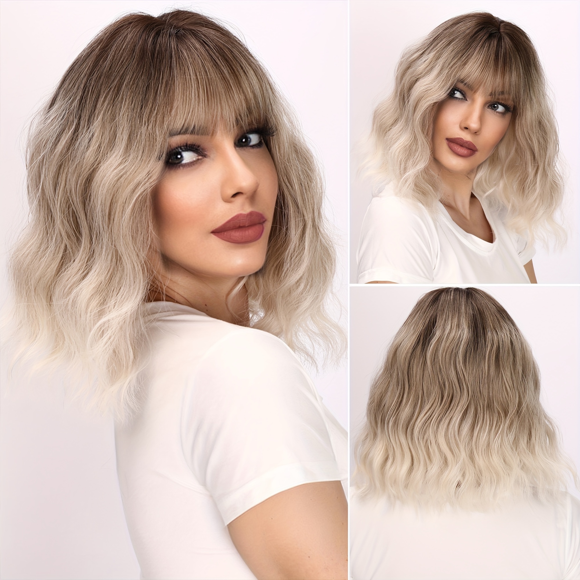 

14 Inch Platinum Brown Charming Bangs Wig - Short, Curly, Heat-resistant - Perfect For Role-playing And Parties - Durable Seamless Edging Synthetic Fiber