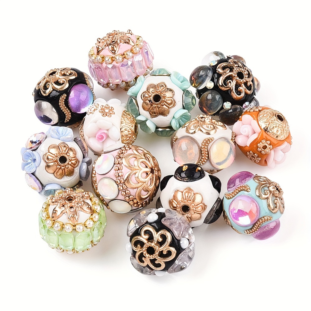 

5pcs Indonesian Handcrafted Resin Beads, Flower With Rhinestones, Assorted Colors - Making Supplies, Beading Craft Accessories