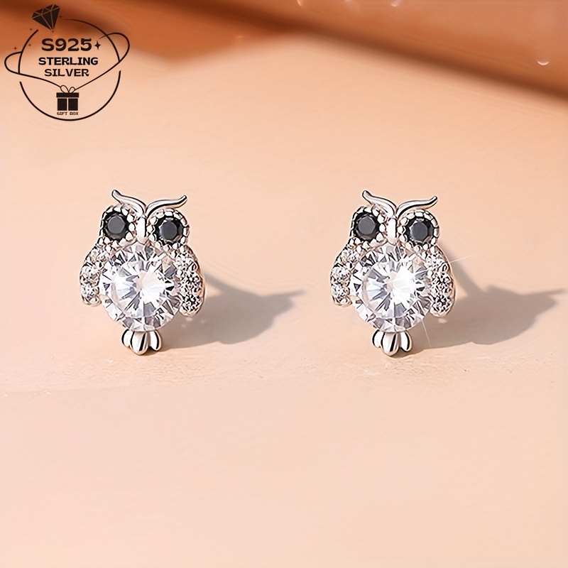 

1 Pair 925 Sterling Silver Owl Stud Earrings, Elegant & , With Synthetic Zirconia, For & Gift-, Jewelry