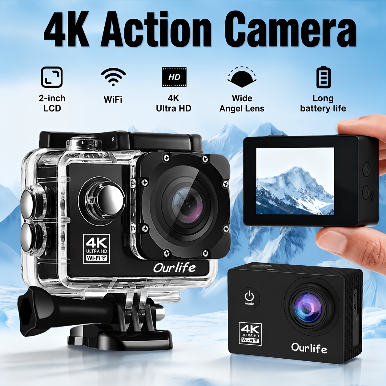 Image of 4k Action Camera, 170° Wide-angle Lens, 2-inch Screen, Electronic Image Stabilization, A Helmet-mounted Camera Perfect For Skiing And Other Outdoor Sports. A Gift With High Collectible Value!