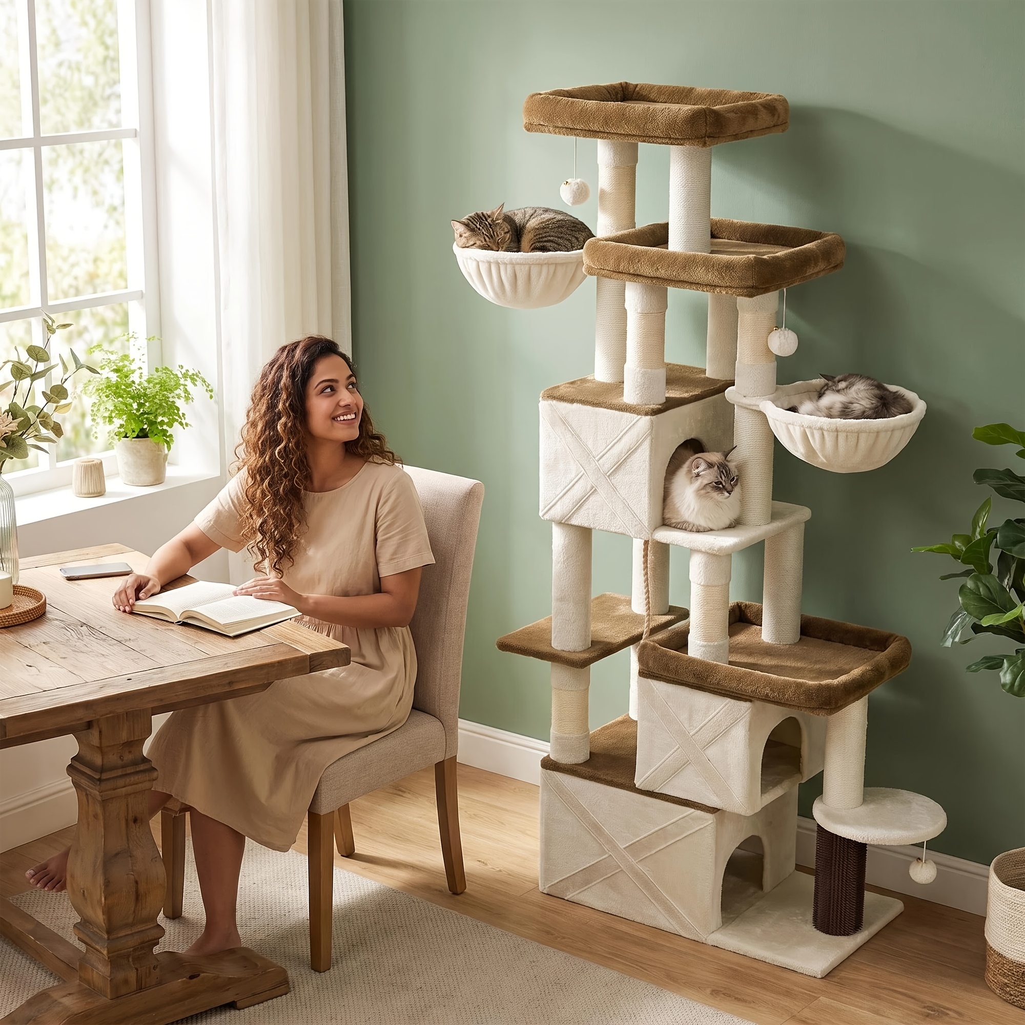 TEMU Albero per XXL da 207 cm in stile , struttura in legno massello, telaio in sisal per arrampicata, peluche marrone e , grande mobili per animali