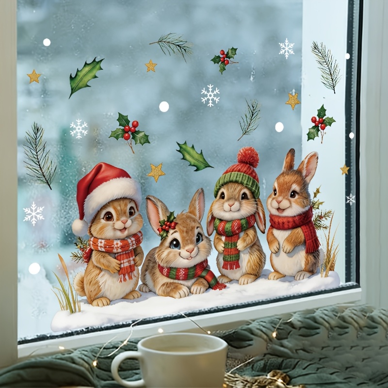 TEMU 4pcs Cute Christmas Bunny Glass Stickers, Double-sided Visible, Bunny Family Wearing Santa Hats And Scarves, Snowflake, Holly, And Pine Tree