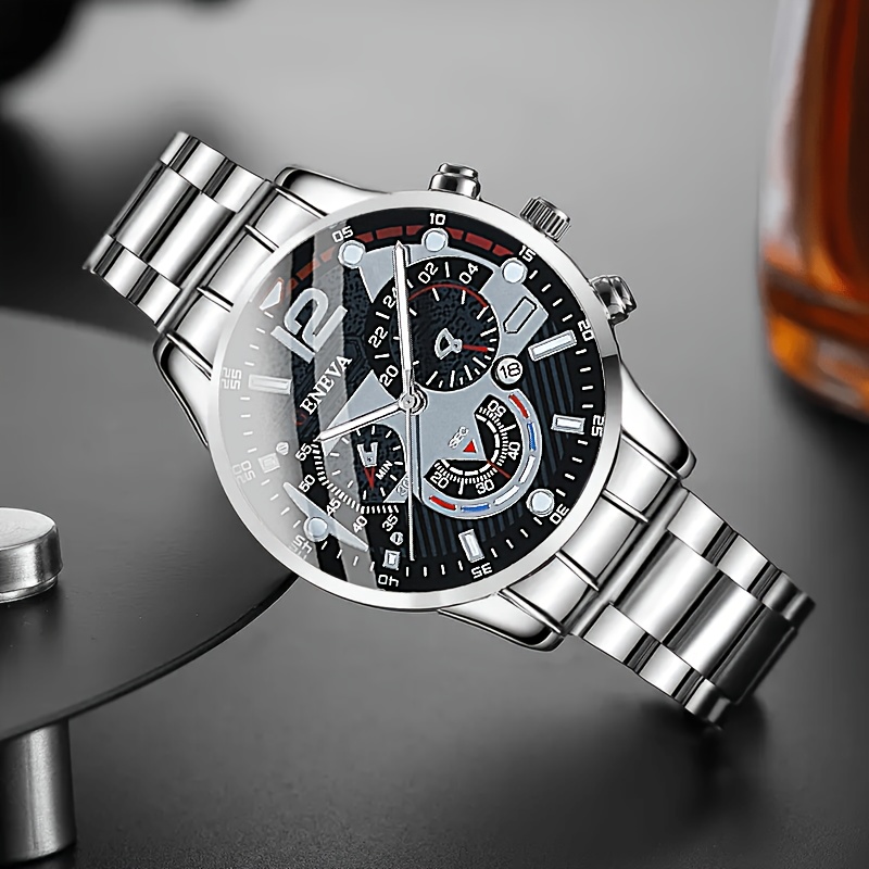 Image of Men's Multifunctional Wristwatch With Timing Quartz Watch And Silvery Strap Suitable For Such As Business, Leisure, Sports, Etc. A Trendy Birthday Gift And Holiday Gift For And Husbands