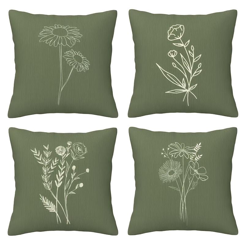 TEMU 4pcs Set Of Mixed Fabric Bohemian Chic Pillowcases, Square Decorative Leaves And Floral Patterns, Olive Green, Zippered Cushion Covers, Suitable