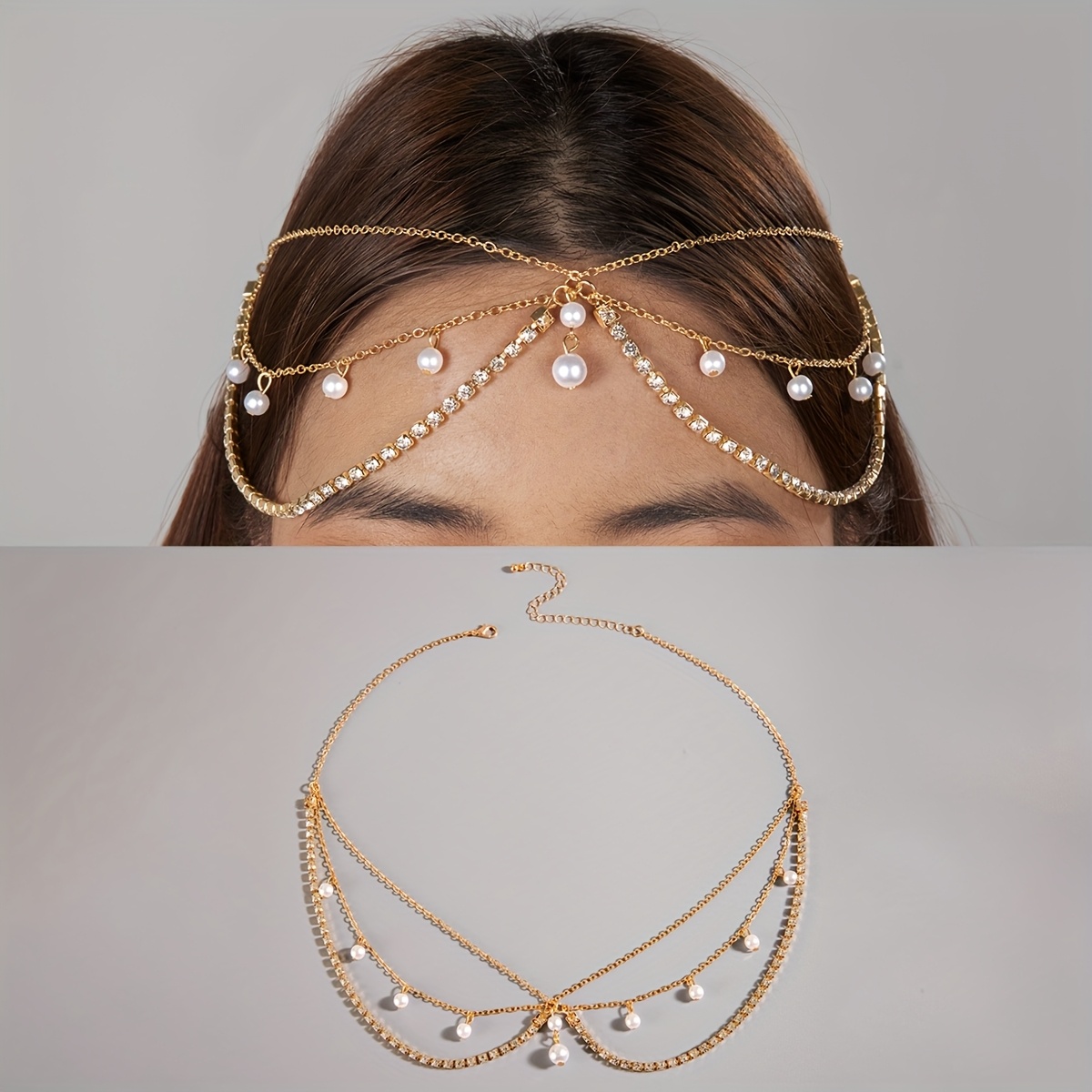 Image of A Stylish And Minimalist Multi-layered Head Chain With Rhinestones And Pearls, Perfect For Women's Dance Parties, Gatherings, Weddings, And As A Gift For