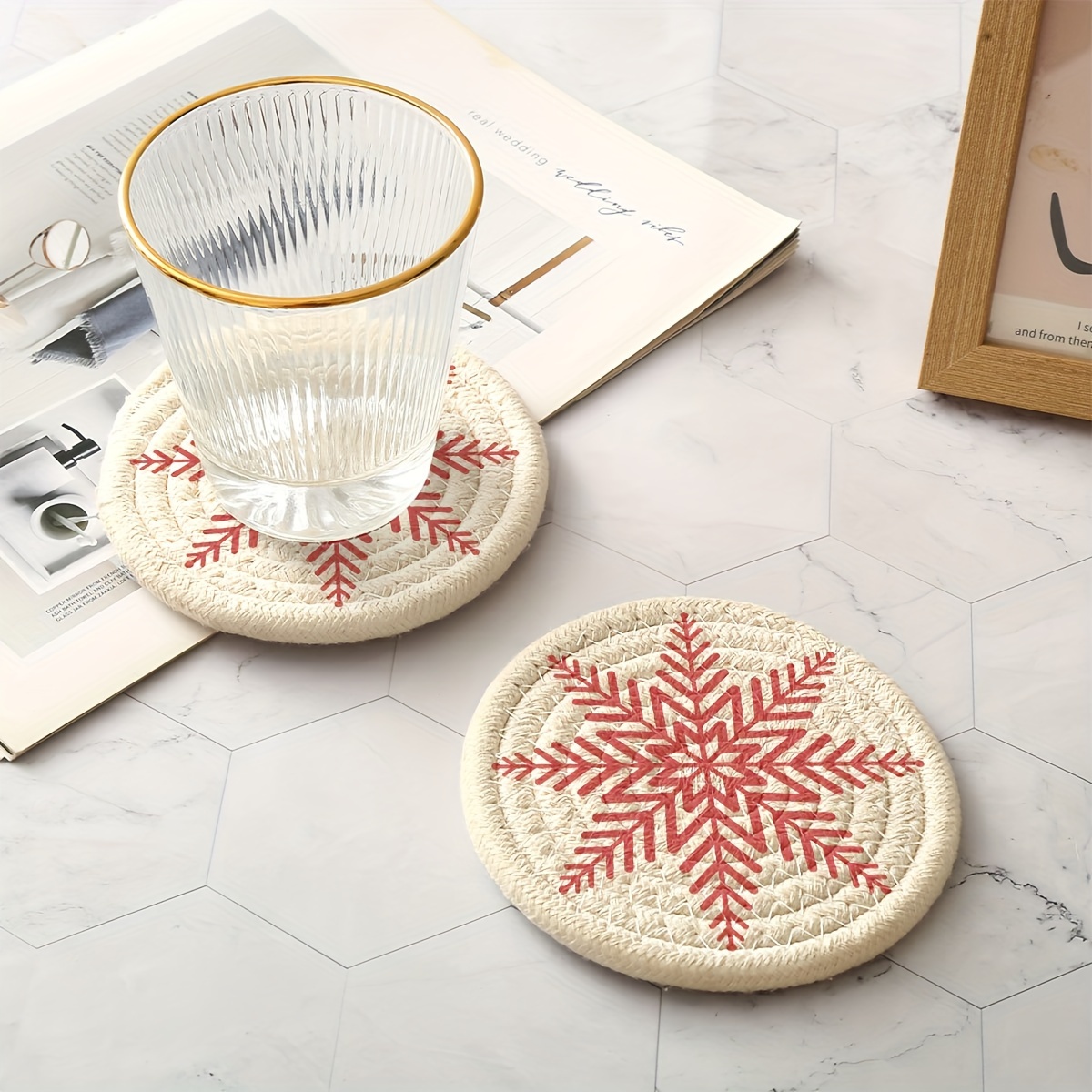 

Cotton Blend Snowflake Design Coasters - Set Of 1, 4.72 Inch Braided Cup Mats, Heat-resistant Anti-scald Trivets For Drinks, Minimalist Holiday Gift, Artistic & Christmas Party Decor